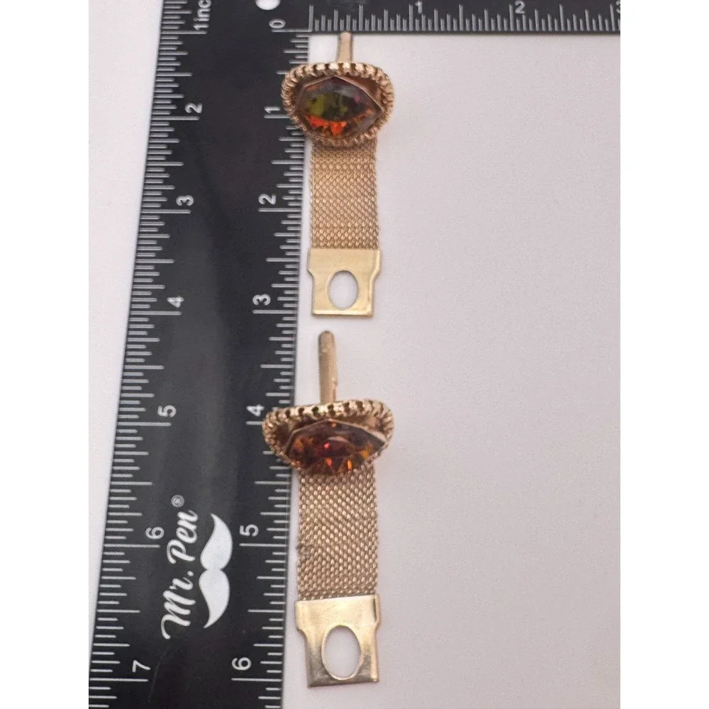 Vintage Mesh Cufflinks Orange and Green Faceted Shield MCM Gold Tone Wrap